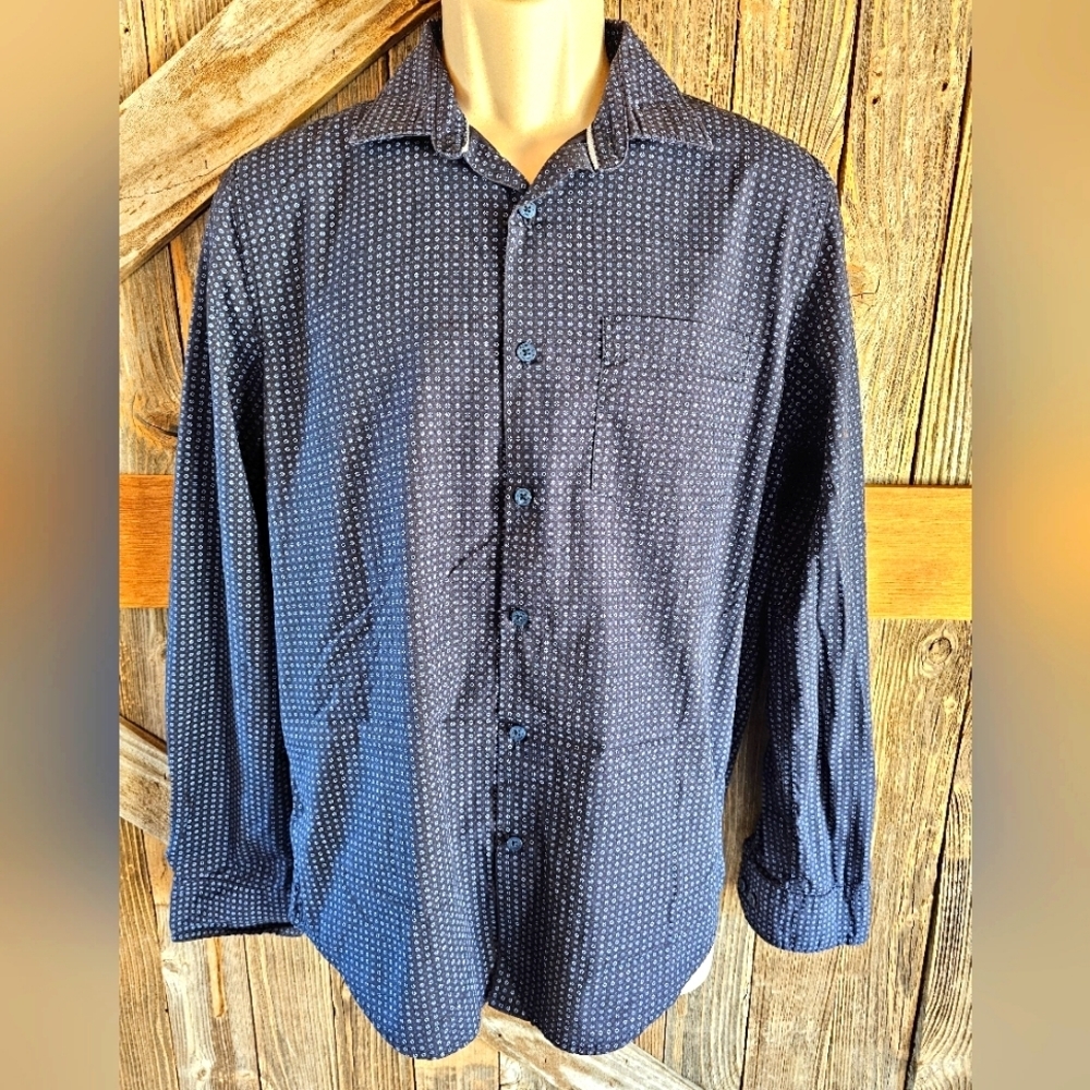 Mens Medium Denim And Flower Slim Fit Long Sleeve Button Down Shirt Career ^